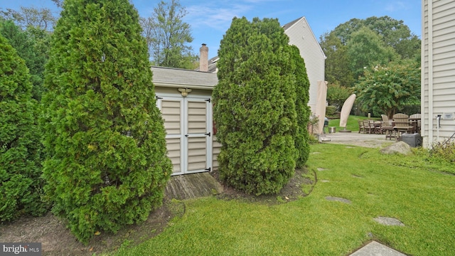 view of yard featuring a patio and a storage shed