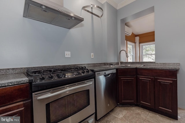 kitchen with stainless steel appliances, an AC wall unit, ventilation hood, sink, and ornamental molding