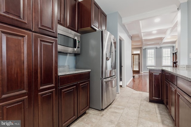 kitchen featuring coffered ceiling, beam ceiling, light hardwood / wood-style flooring, light stone counters, and stainless steel appliances