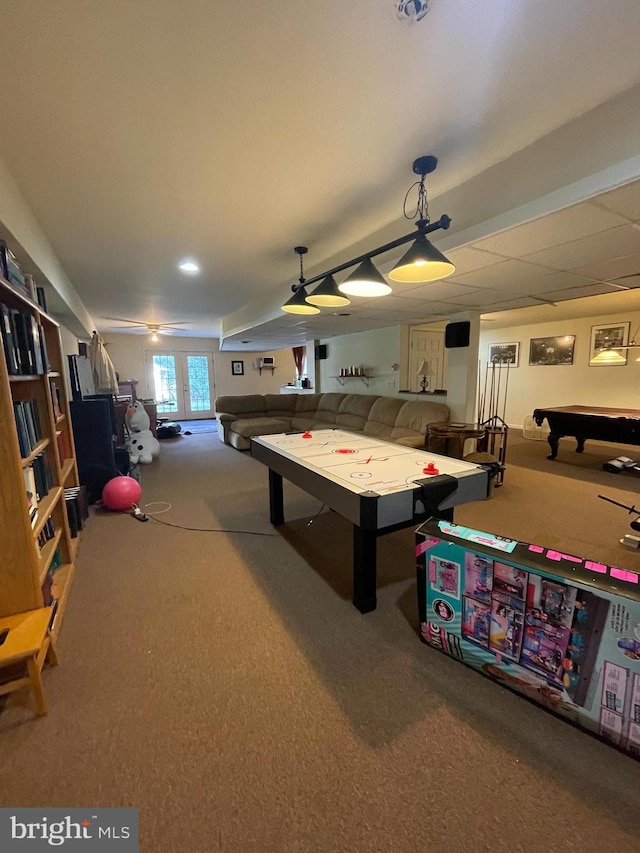 rec room featuring pool table and carpet floors