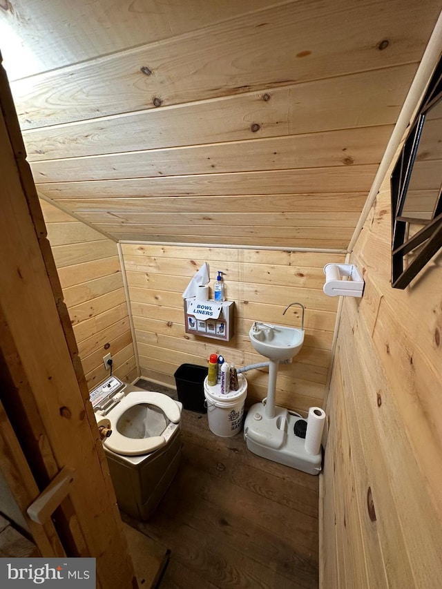 212 Thickhead Rd, Centre Hall, PA 16828 - bathroom featuring wood walls, wood finished floors, toilet, and wooden ceiling