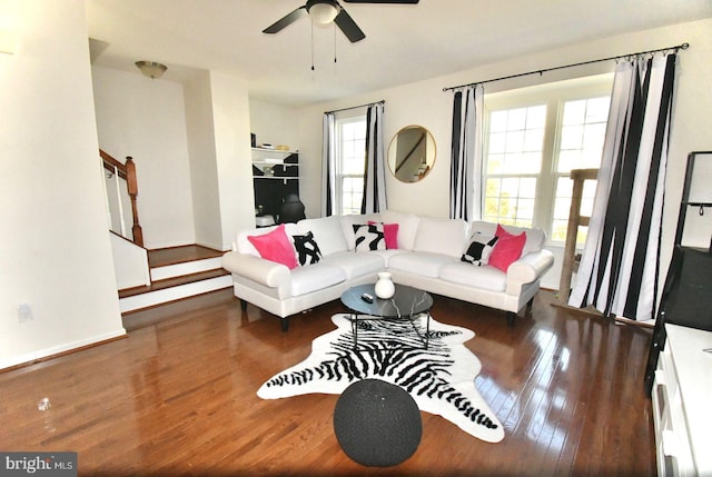 living room featuring ceiling fan and dark hardwood / wood-style flooring