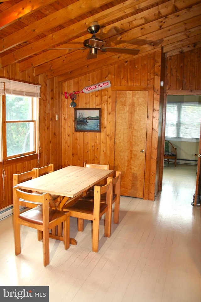 dining area featuring beam ceiling, wooden walls, light wood-type flooring, and wood ceiling