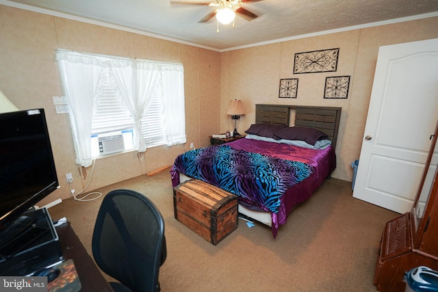 carpeted bedroom featuring a textured ceiling, crown molding, ceiling fan, and cooling unit