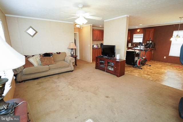 living room featuring a textured ceiling, ornamental molding, light carpet, and ceiling fan