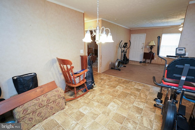 workout area featuring light colored carpet, ceiling fan with notable chandelier, and crown molding