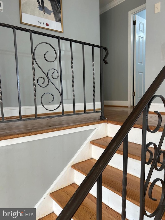 stairs with crown molding and hardwood / wood-style flooring