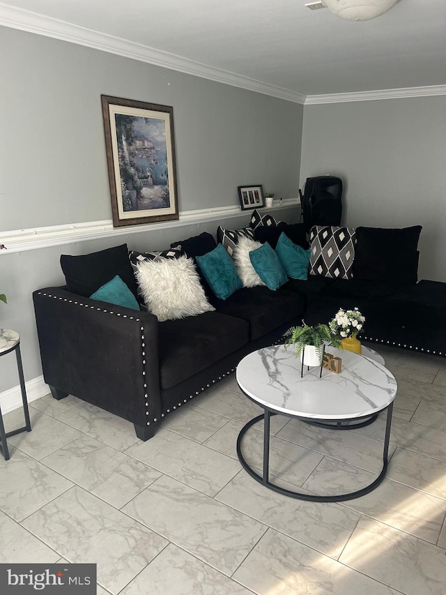 living room with ornamental molding