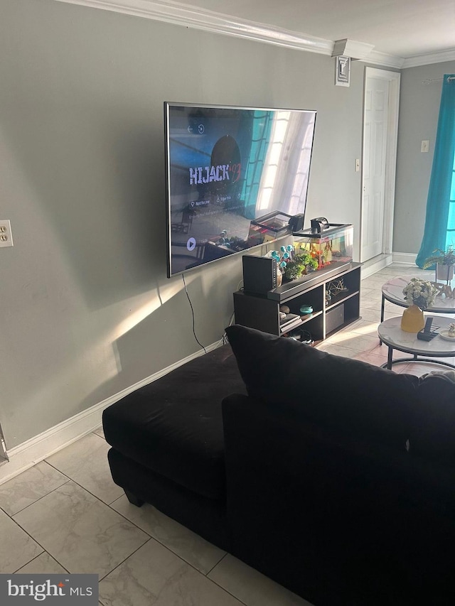 living room with crown molding