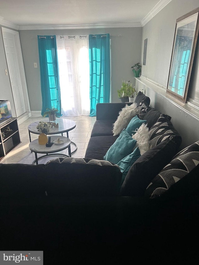 living room with crown molding and light hardwood / wood-style floors