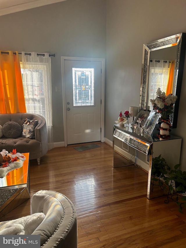 entryway featuring crown molding, wood-type flooring, and a wealth of natural light