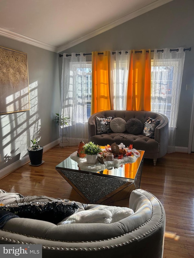 living room featuring crown molding, vaulted ceiling, and wood-type flooring