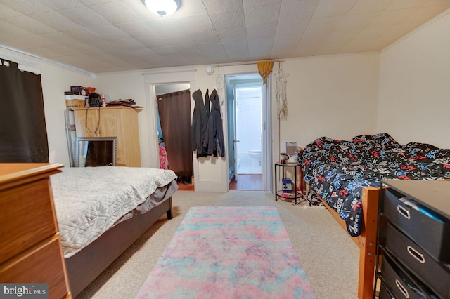 carpeted bedroom featuring ornamental molding and ensuite bath