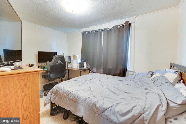 carpeted bedroom featuring crown molding