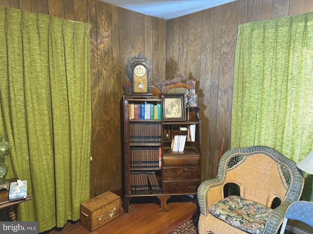 living area with wood walls