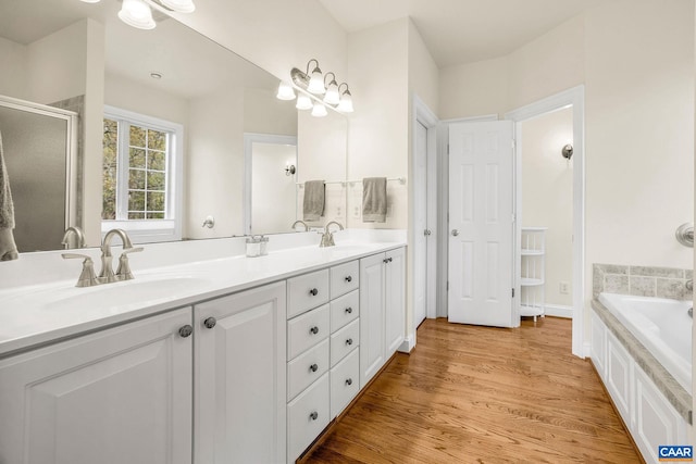 bathroom featuring double vanity, wood finished floors, a stall shower, and a sink