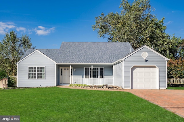 single story home featuring covered porch, a front yard, and a garage