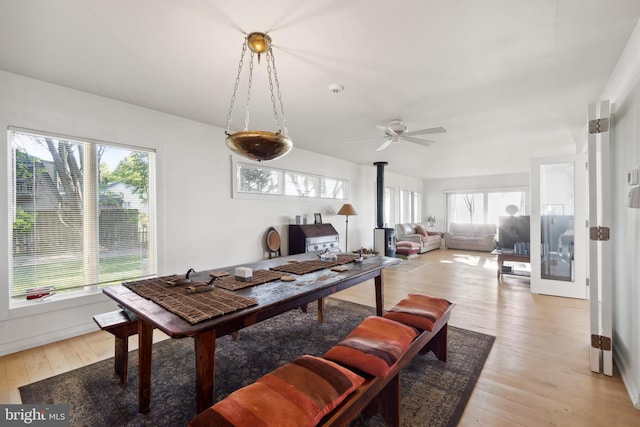 dining area featuring a wood stove and light hardwood / wood-style flooring