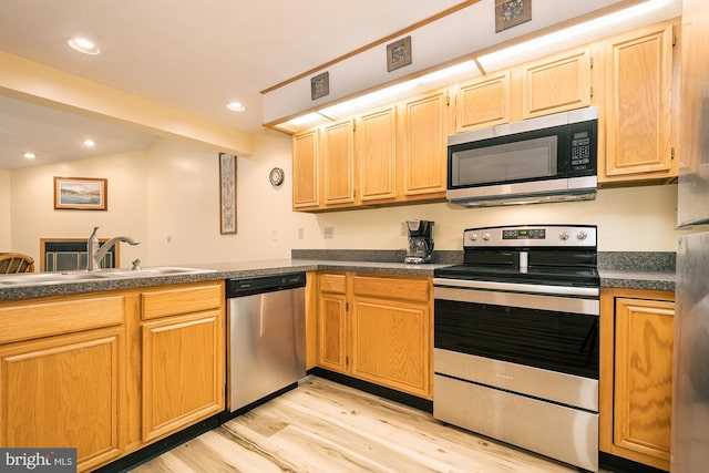 kitchen featuring light hardwood / wood-style floors, sink, stainless steel appliances, and kitchen peninsula