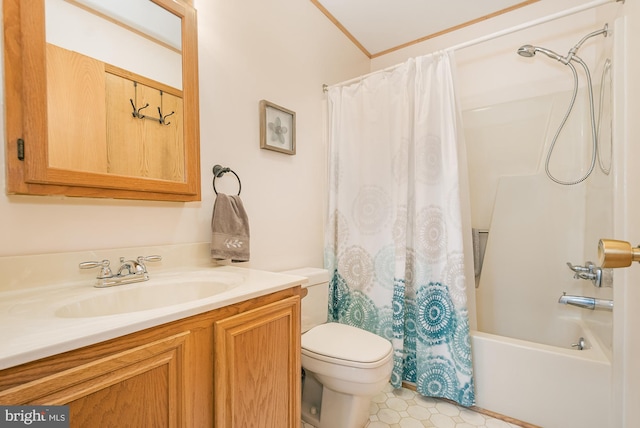 full bathroom featuring shower / bath combination with curtain, vanity, and toilet