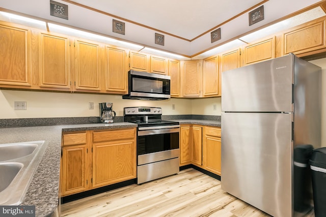 kitchen with appliances with stainless steel finishes, sink, and light hardwood / wood-style flooring