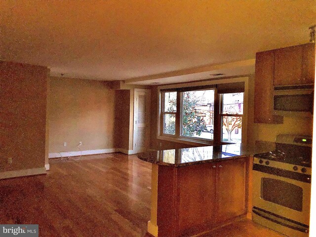 4840 Macarthur Blvd NW Unit 501, Washington, DC 20007 - kitchen featuring a peninsula, gas stove, baseboards, and wood finished floors