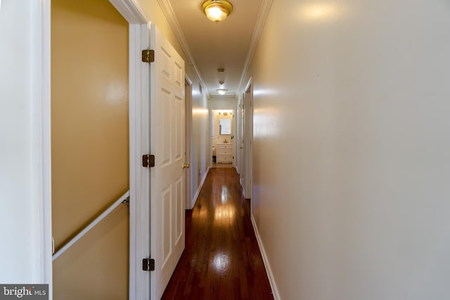 hall featuring ornamental molding and dark hardwood / wood-style floors