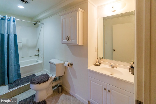 full bathroom with toilet, tile patterned flooring, vanity, and shower / tub combo