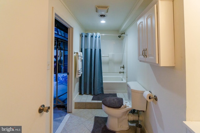 full bathroom with toilet, shower / bath combo with shower curtain, vanity, crown molding, and tile patterned floors