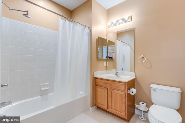 full bathroom featuring tile patterned flooring, shower / bathtub combination with curtain, vanity, and toilet