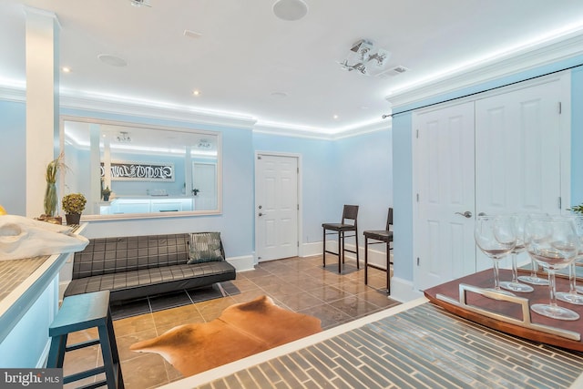 living room with crown molding