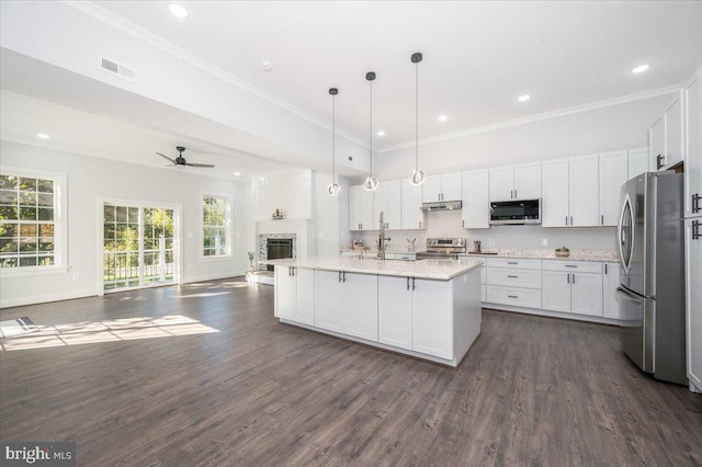 kitchen featuring dark hardwood / wood-style flooring, a center island with sink, stainless steel appliances, hanging light fixtures, and white cabinetry