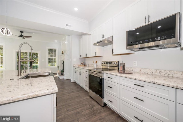 kitchen with light stone counters, stainless steel appliances, dark wood-type flooring, and white cabinetry