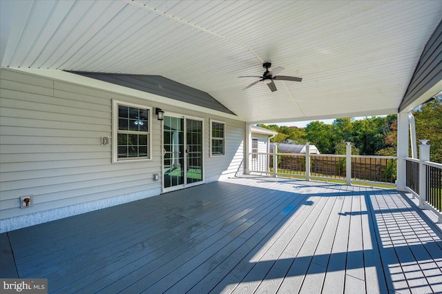 wooden terrace featuring ceiling fan