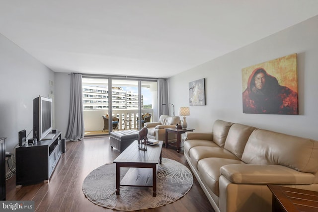 living room featuring dark hardwood / wood-style floors and floor to ceiling windows