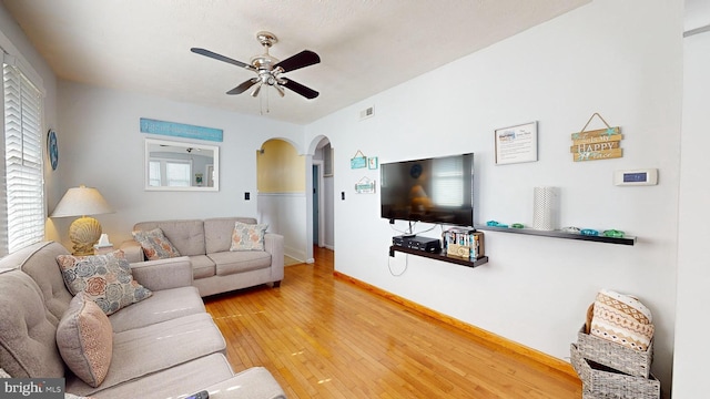 living room with ceiling fan, plenty of natural light, and hardwood / wood-style floors