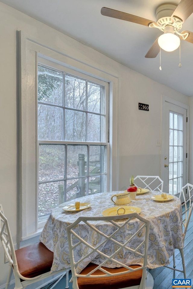 dining area featuring ceiling fan