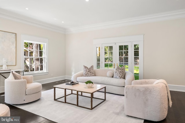 living room with hardwood / wood-style floors, french doors, and ornamental molding