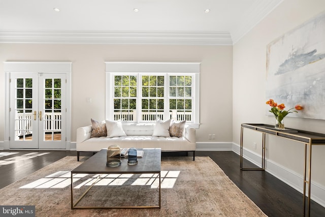 living room featuring a healthy amount of sunlight, dark hardwood / wood-style flooring, ornamental molding, and french doors