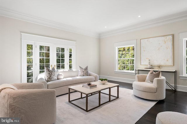 living room with crown molding, hardwood / wood-style floors, and french doors