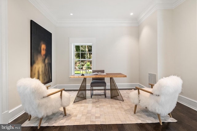 office space with hardwood / wood-style floors and ornamental molding