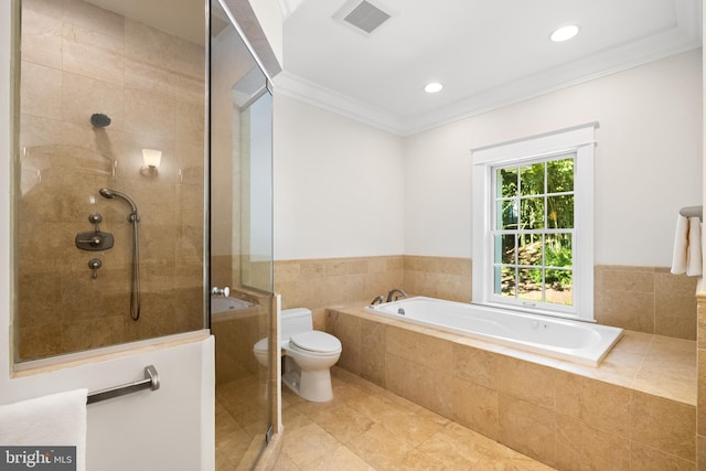 bathroom featuring tile patterned flooring, separate shower and tub, toilet, and crown molding