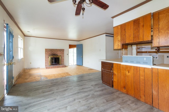 kitchen with light hardwood / wood-style flooring, ceiling fan, a fireplace, and crown molding