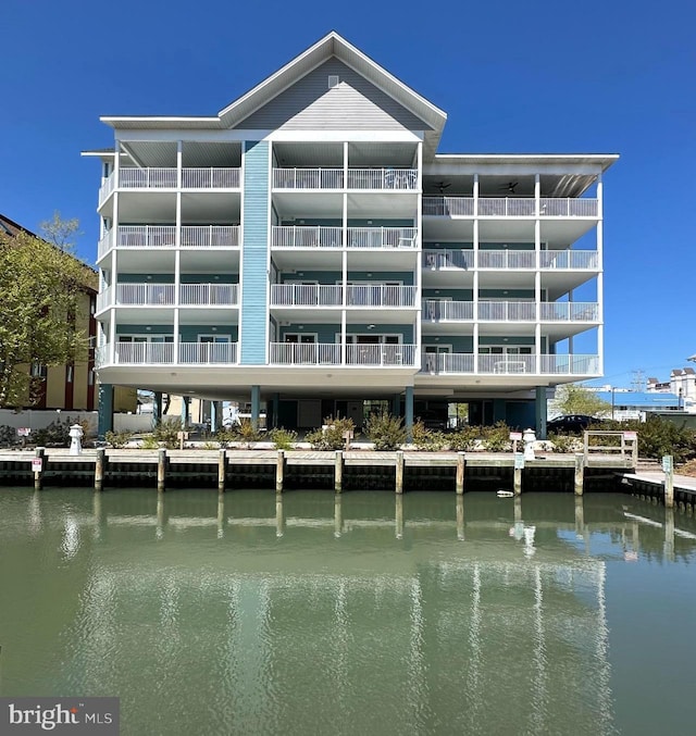 view of building exterior featuring a water view