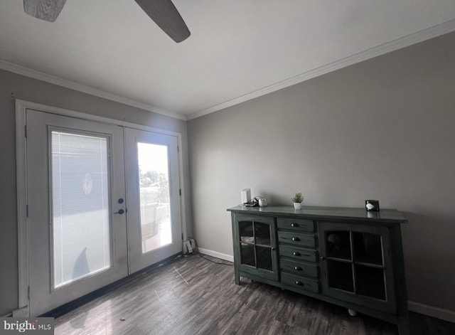 doorway featuring french doors, crown molding, dark hardwood / wood-style floors, and ceiling fan