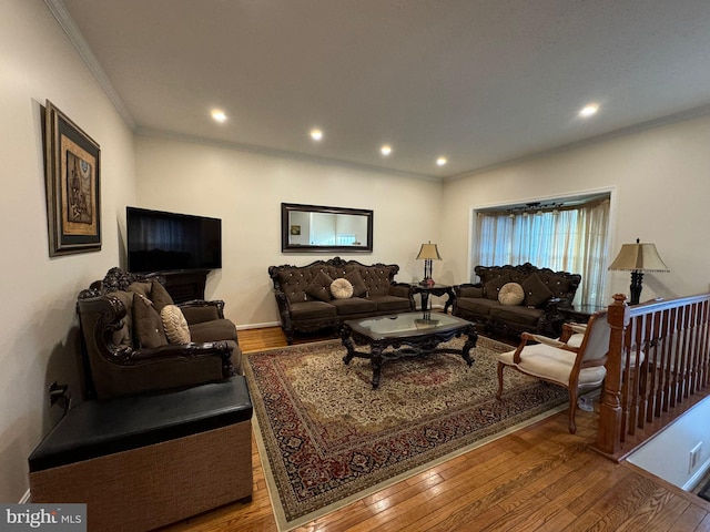 living room with ornamental molding and light hardwood / wood-style floors