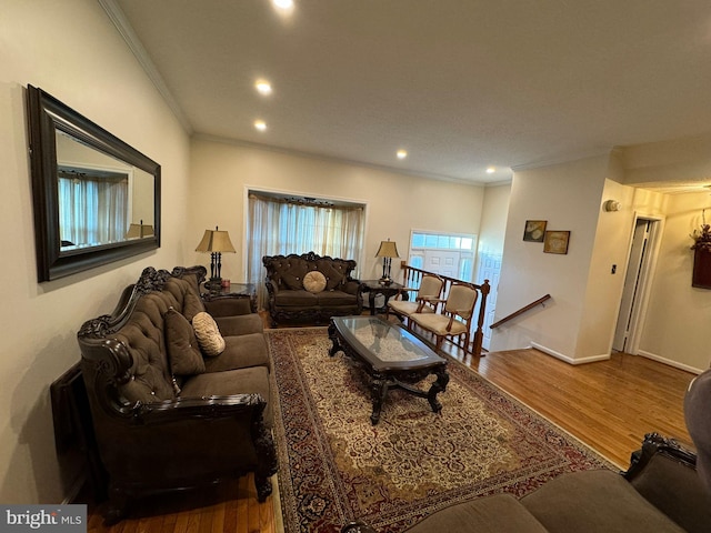 living room with wood-type flooring and ornamental molding