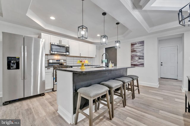 kitchen with appliances with stainless steel finishes, white cabinetry, and a raised ceiling