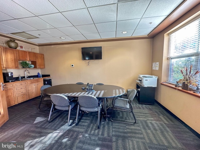 dining room featuring a drop ceiling, dark colored carpet, and sink