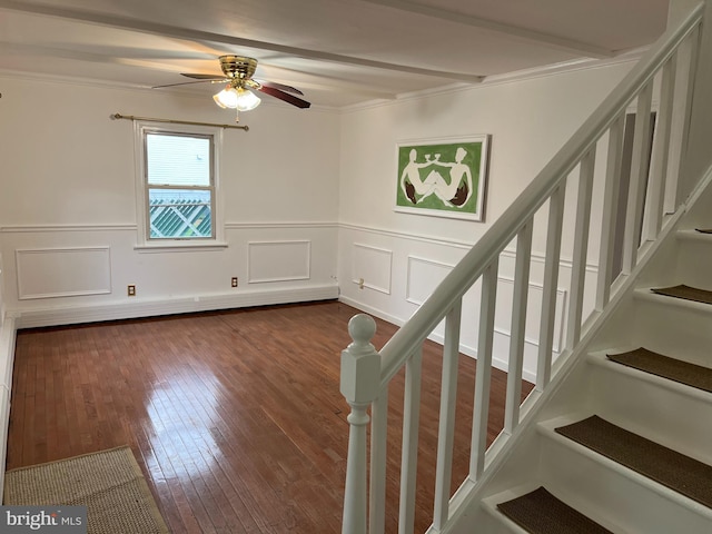 staircase featuring ceiling fan, hardwood / wood-style floors, and ornamental molding